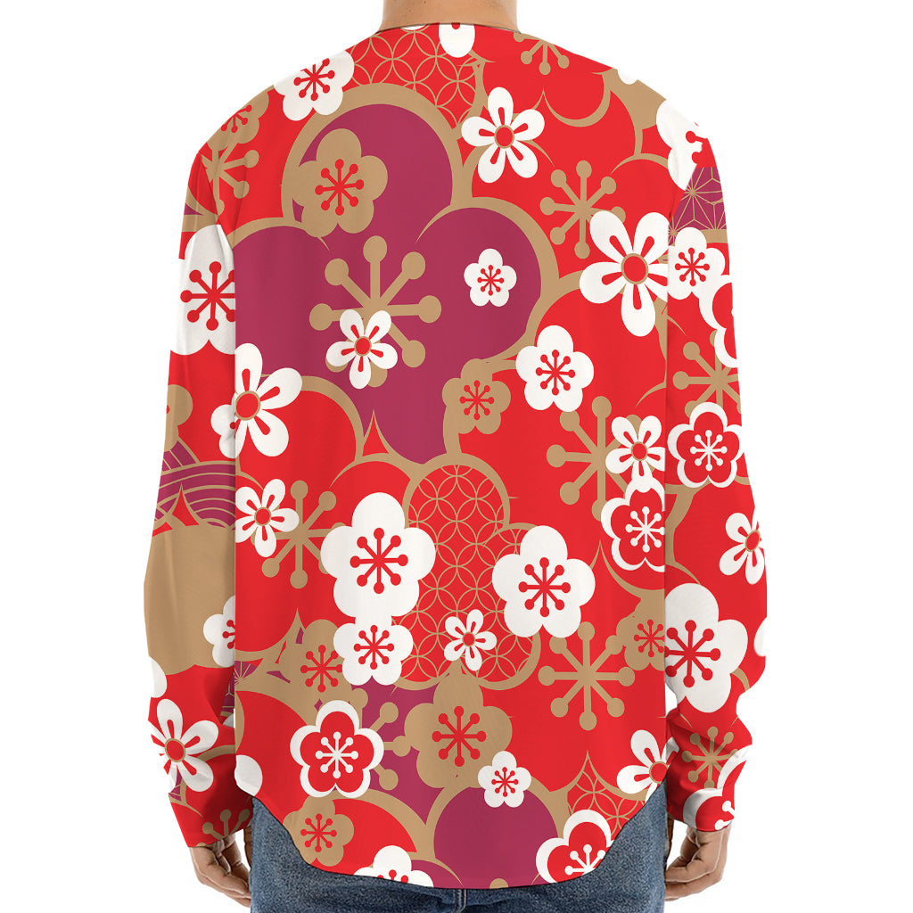 Flower Kimono Pattern Print Long Sleeve Baseball Jersey