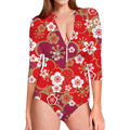 Flower Kimono Pattern Print Long Sleeve Swimsuit
