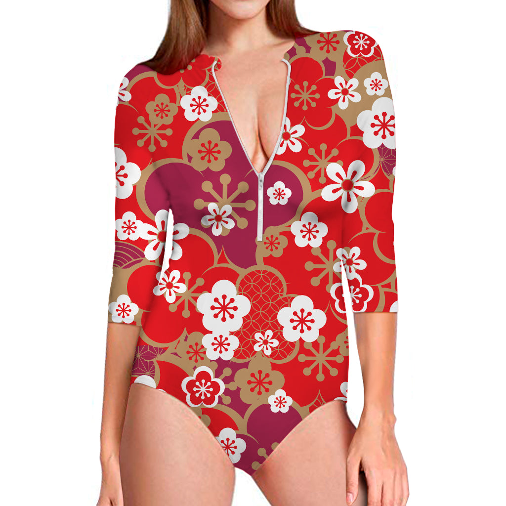 Flower Kimono Pattern Print Long Sleeve Swimsuit