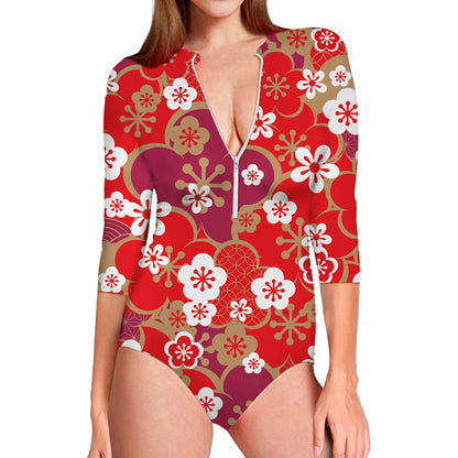 Flower Kimono Pattern Print Long Sleeve Swimsuit