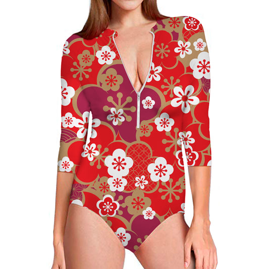 Flower Kimono Pattern Print Long Sleeve Swimsuit