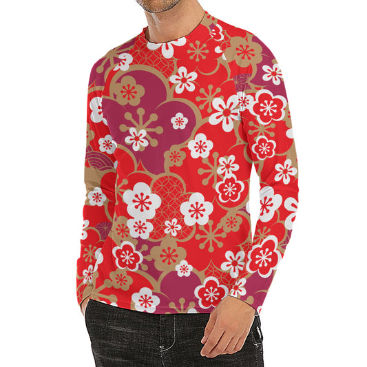 Flower Kimono Pattern Print Men's Long Sleeve Rash Guard