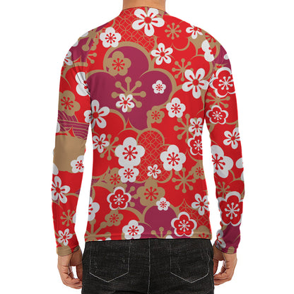 Flower Kimono Pattern Print Men's Long Sleeve Rash Guard