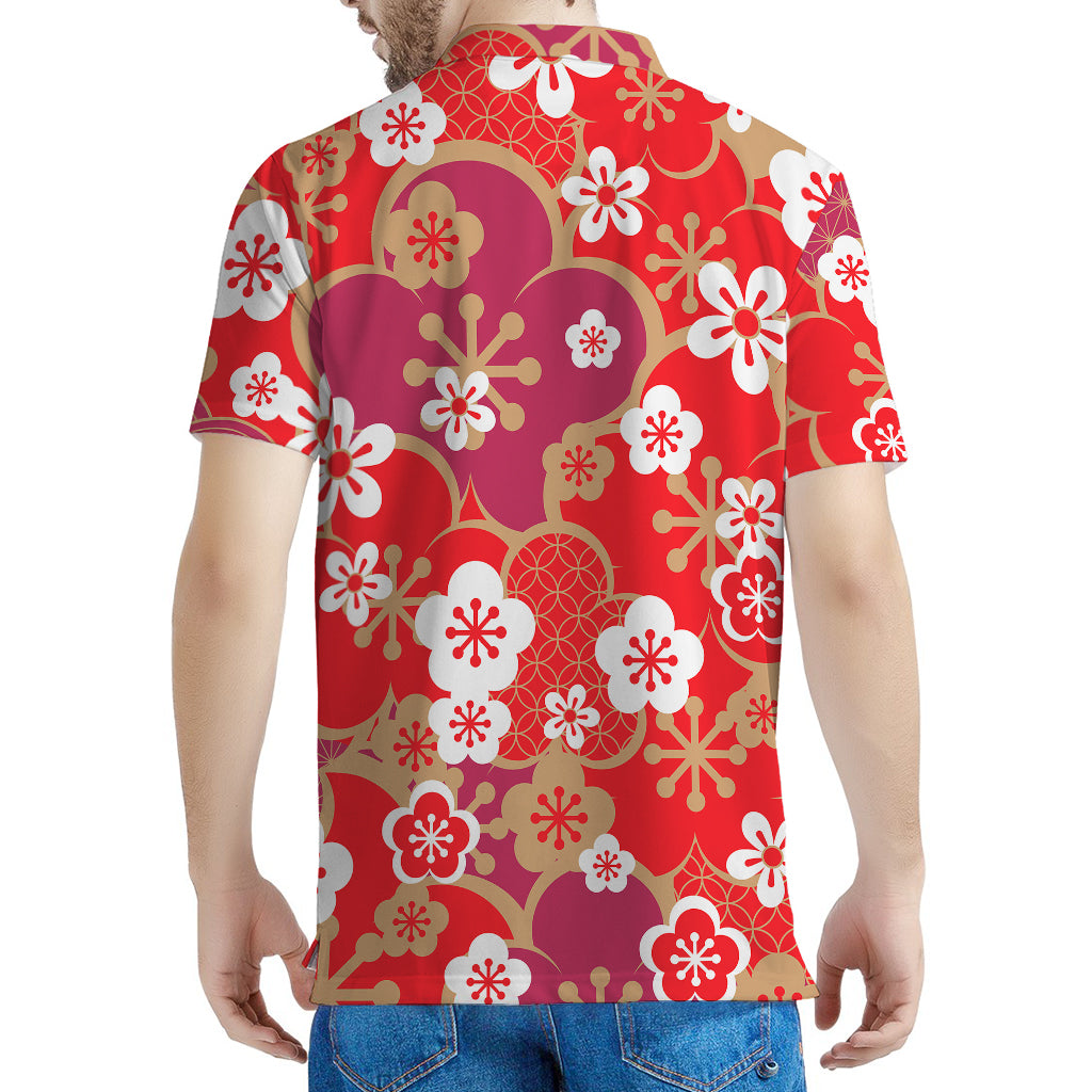 Flower Kimono Pattern Print Men's Polo Shirt