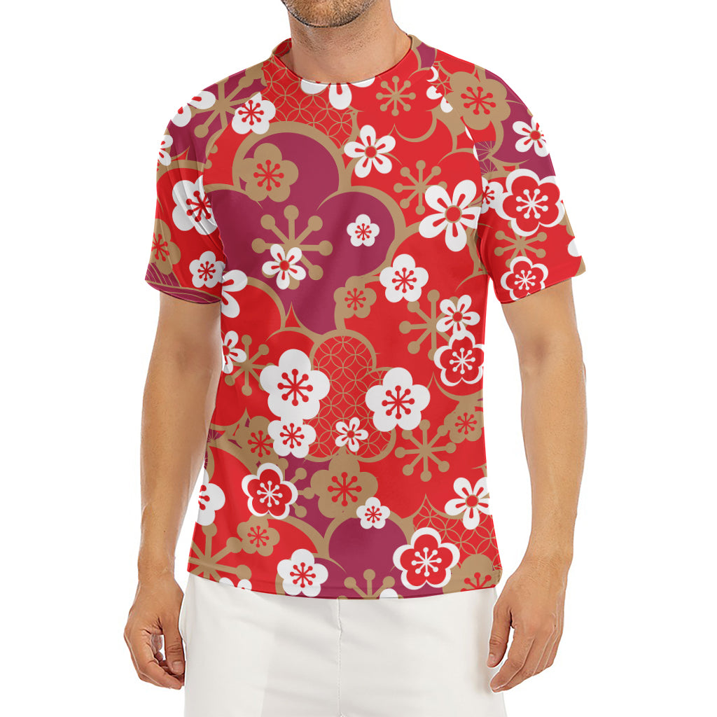 Flower Kimono Pattern Print Men's Short Sleeve Rash Guard