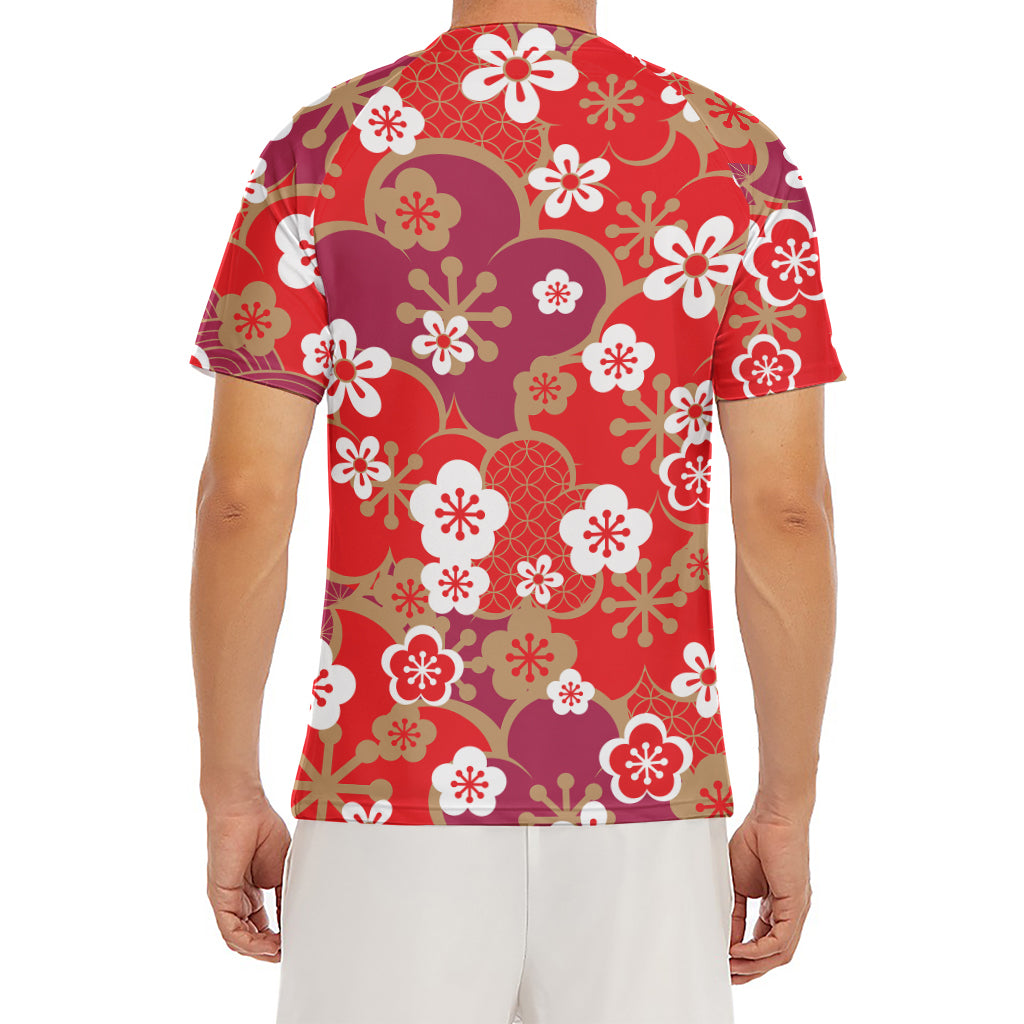 Flower Kimono Pattern Print Men's Short Sleeve Rash Guard