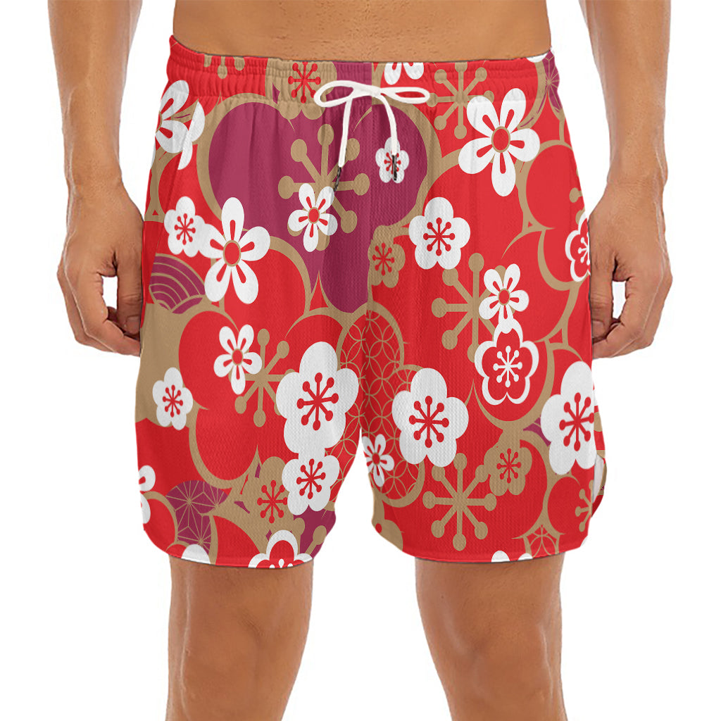 Flower Kimono Pattern Print Men's Split Running Shorts