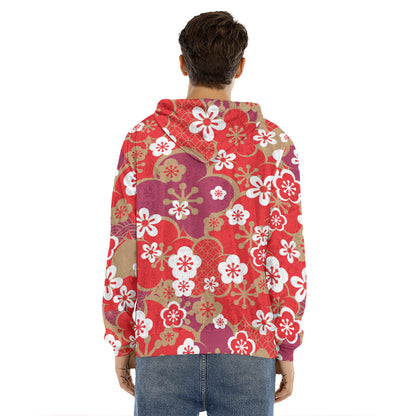 Flower Kimono Pattern Print Men's Velvet Pullover Hoodie