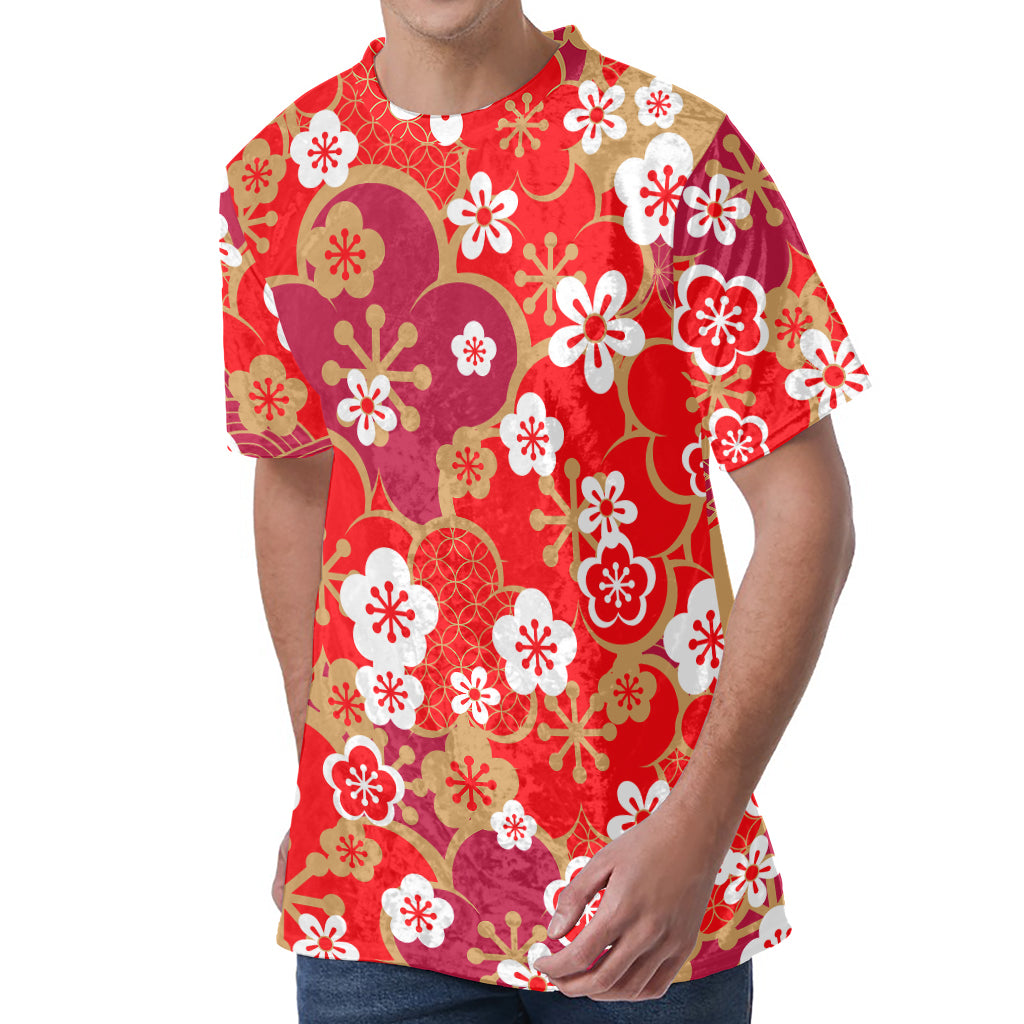 Flower Kimono Pattern Print Men's Velvet T-Shirt