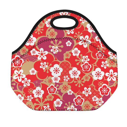 Flower Kimono Pattern Print Neoprene Lunch Bag