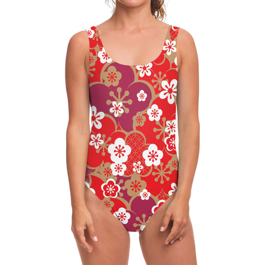 Flower Kimono Pattern Print One Piece Swimsuit