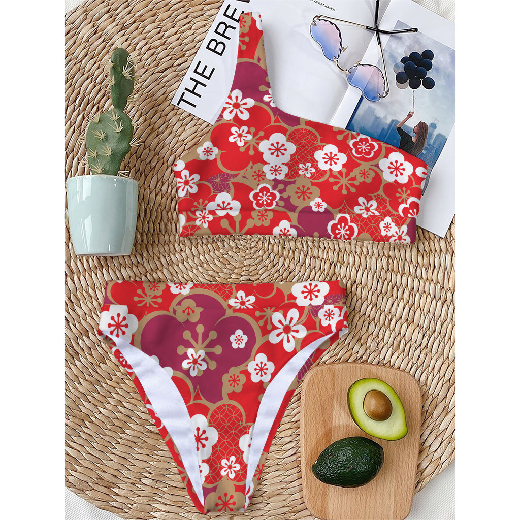Flower Kimono Pattern Print One Shoulder Bikini Top
