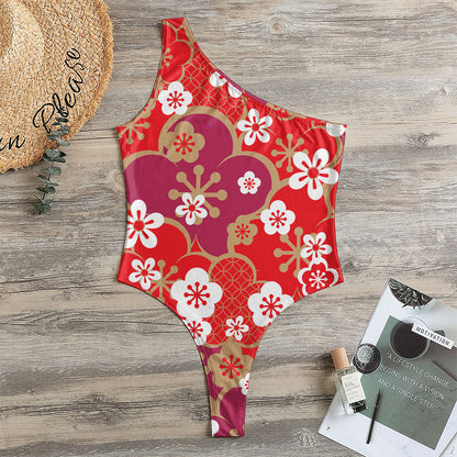 Flower Kimono Pattern Print One Shoulder Bodysuit