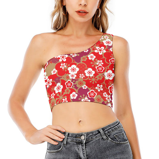 Flower Kimono Pattern Print One Shoulder Crop Top