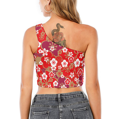 Flower Kimono Pattern Print One Shoulder Crop Top