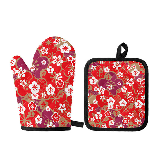 Flower Kimono Pattern Print Oven Mitt And Pot Holder Set