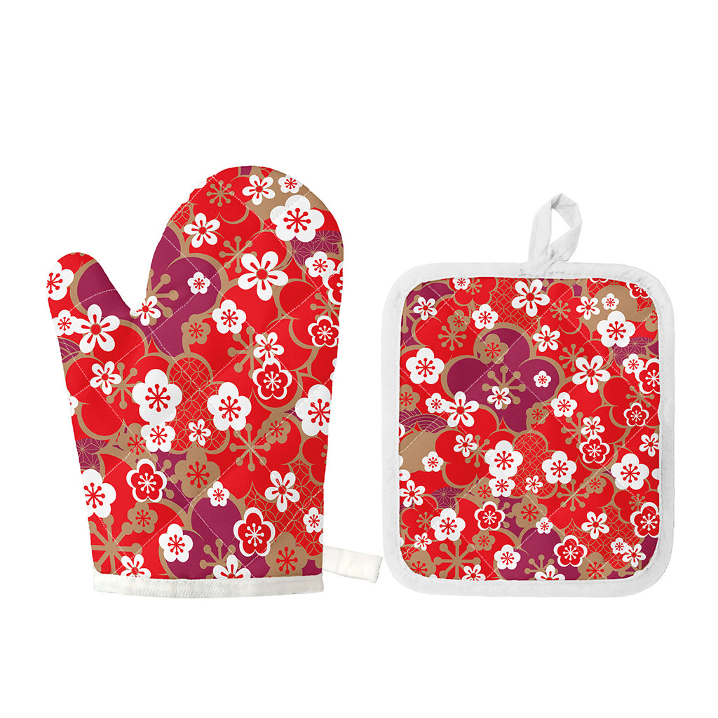 Flower Kimono Pattern Print Oven Mitt And Pot Holder Set