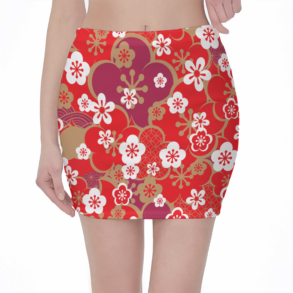 Flower Kimono Pattern Print Pencil Mini Skirt