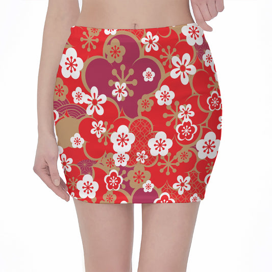 Flower Kimono Pattern Print Pencil Mini Skirt