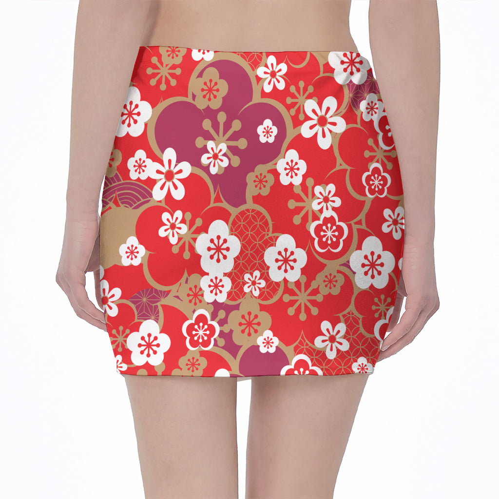 Flower Kimono Pattern Print Pencil Mini Skirt