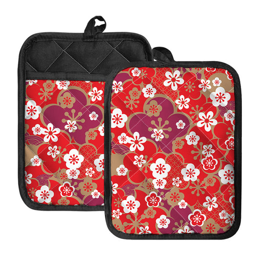 Flower Kimono Pattern Print Pot Holders With Pocket