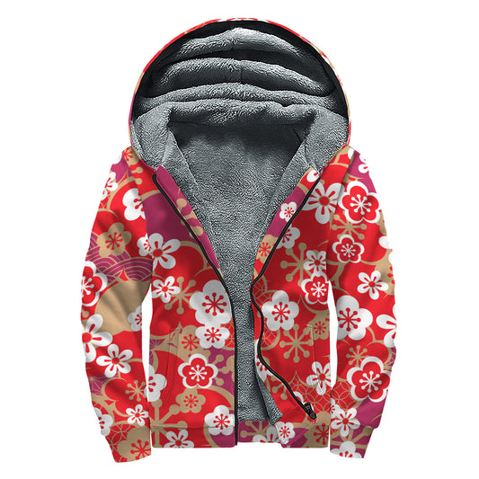 Flower Kimono Pattern Print Sherpa Lined Zip Up Hoodie