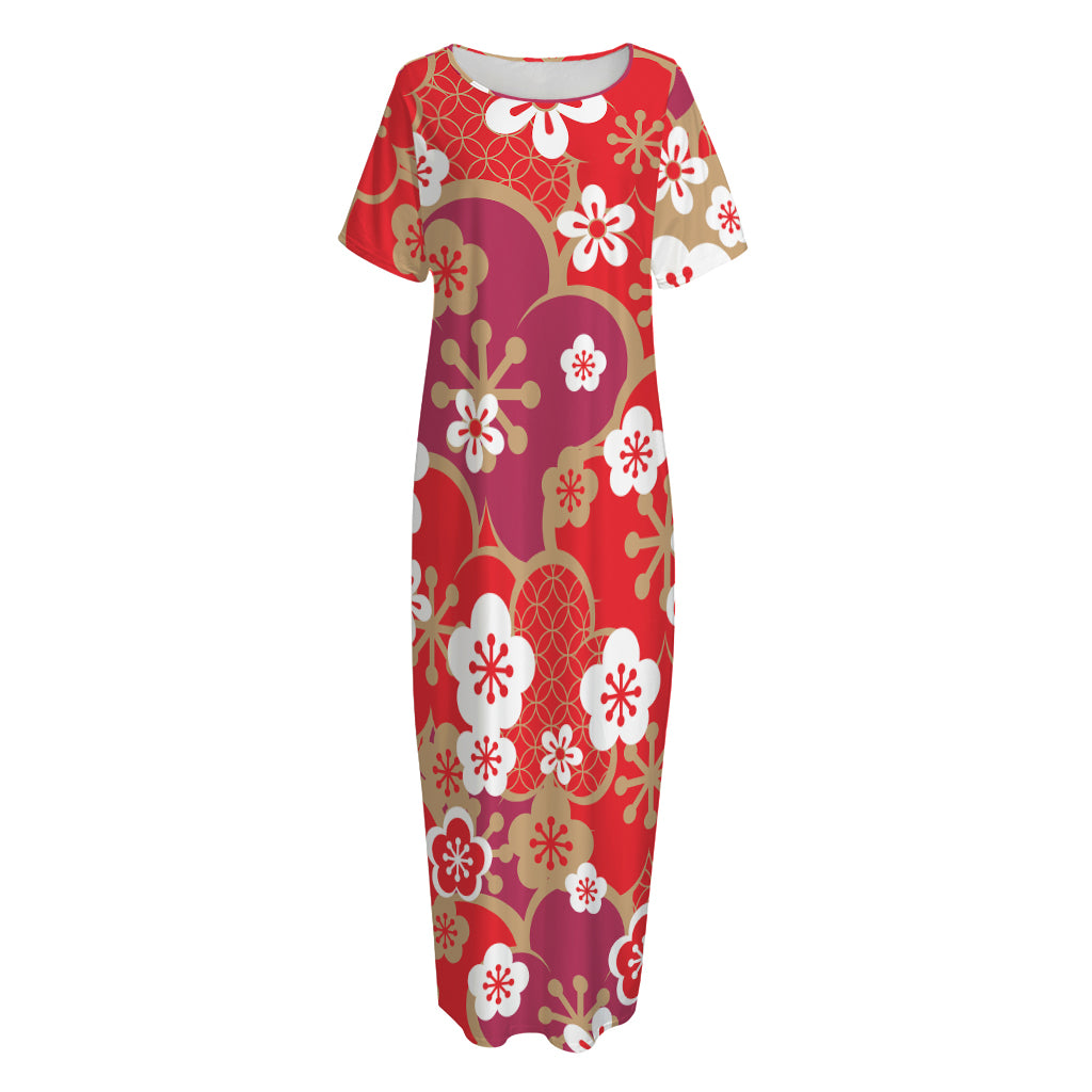 Flower Kimono Pattern Print Short Sleeve Long Nightdress