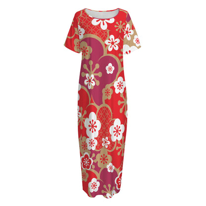 Flower Kimono Pattern Print Short Sleeve Long Nightdress