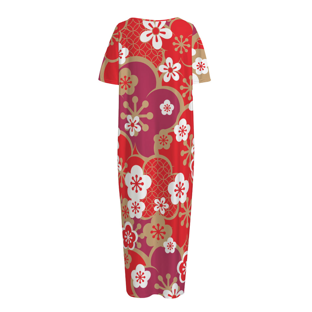 Flower Kimono Pattern Print Short Sleeve Long Nightdress