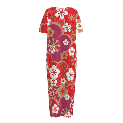 Flower Kimono Pattern Print Short Sleeve Long Nightdress