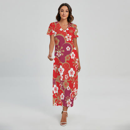 Flower Kimono Pattern Print Short Sleeve Maxi Dress