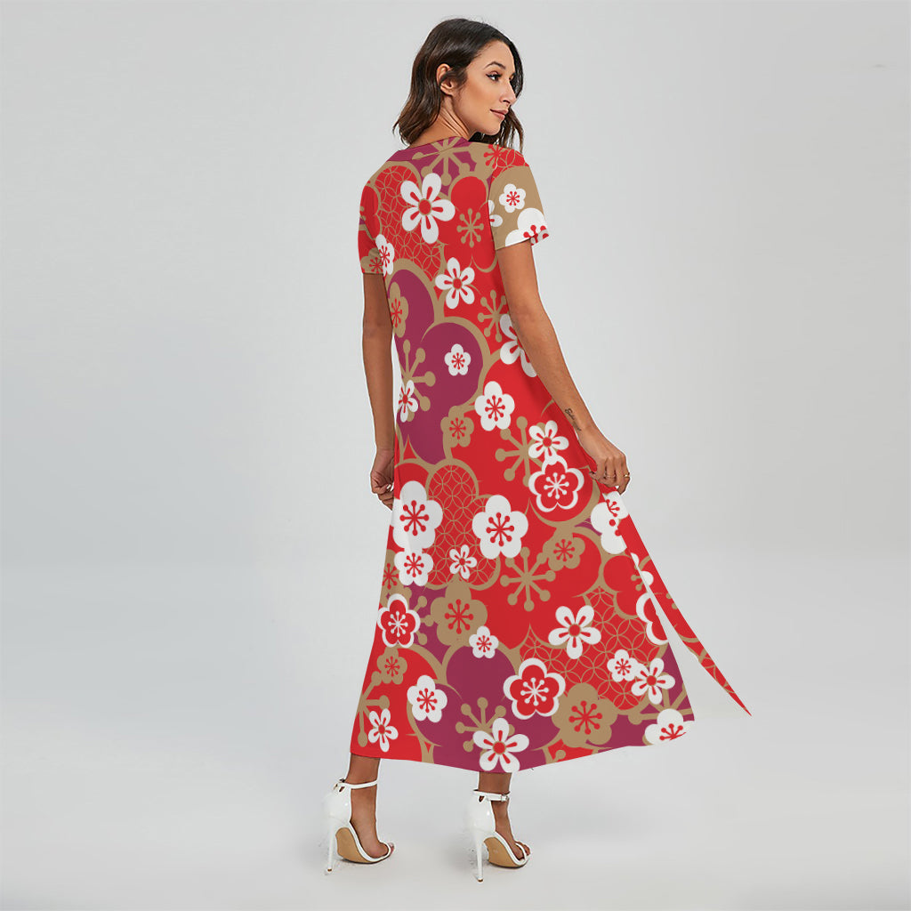 Flower Kimono Pattern Print Short Sleeve Maxi Dress