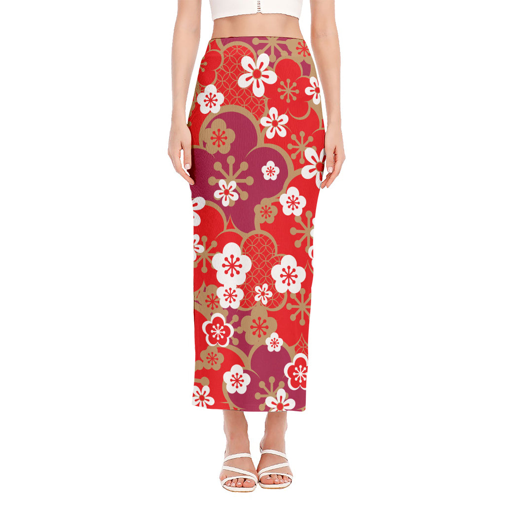 Flower Kimono Pattern Print Side Slit Maxi Skirt