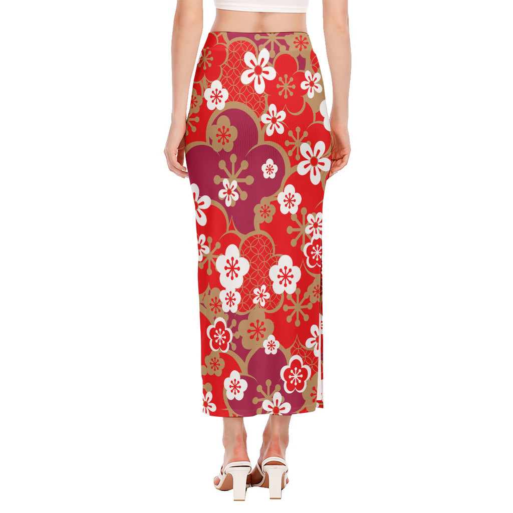 Flower Kimono Pattern Print Side Slit Maxi Skirt