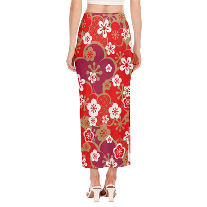 Flower Kimono Pattern Print Side Slit Maxi Skirt
