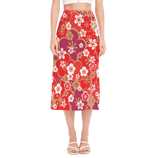 Flower Kimono Pattern Print Side Slit Midi Skirt