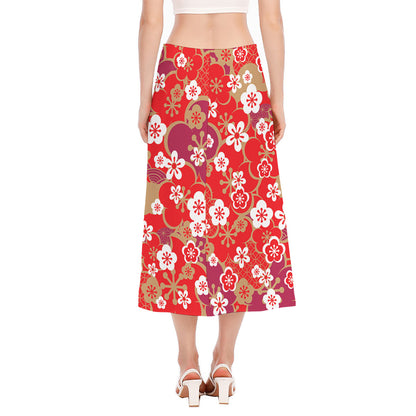 Flower Kimono Pattern Print Side Slit Midi Skirt