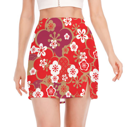 Flower Kimono Pattern Print Side Slit Mini Skirt