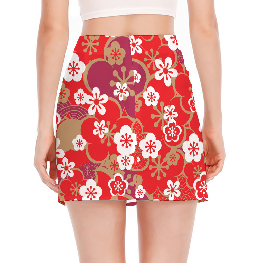 Flower Kimono Pattern Print Side Slit Mini Skirt