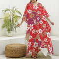 Flower Kimono Pattern Print Silk V-Neck Kaftan Dress