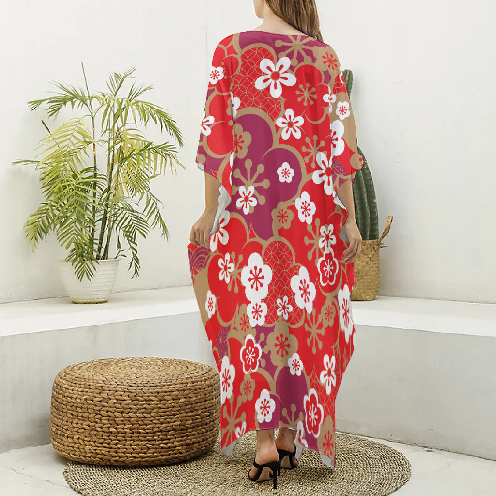 Flower Kimono Pattern Print Silk V-Neck Kaftan Dress
