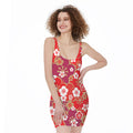 Flower Kimono Pattern Print Sleeveless Bodycon Dress