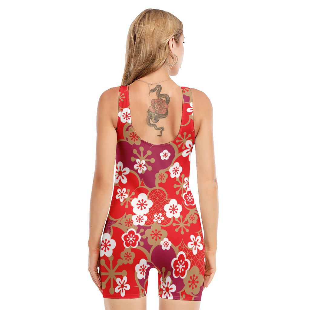 Flower Kimono Pattern Print Sleeveless One Piece Swimsuit
