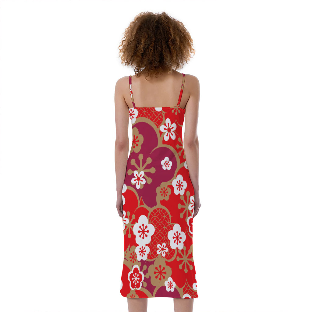 Flower Kimono Pattern Print Slim Fit Midi Cami Dress