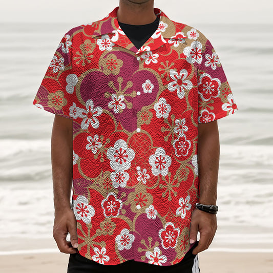 Flower Kimono Pattern Print Textured Short Sleeve Shirt