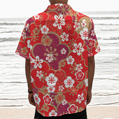 Flower Kimono Pattern Print Textured Short Sleeve Shirt