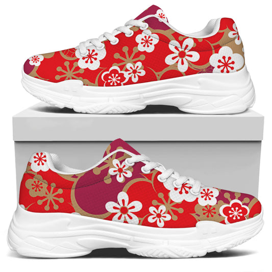 Flower Kimono Pattern Print White Chunky Shoes