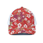 Flower Kimono Pattern Print White Mesh Trucker Cap