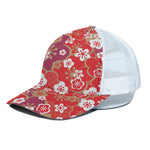 Flower Kimono Pattern Print White Mesh Trucker Cap