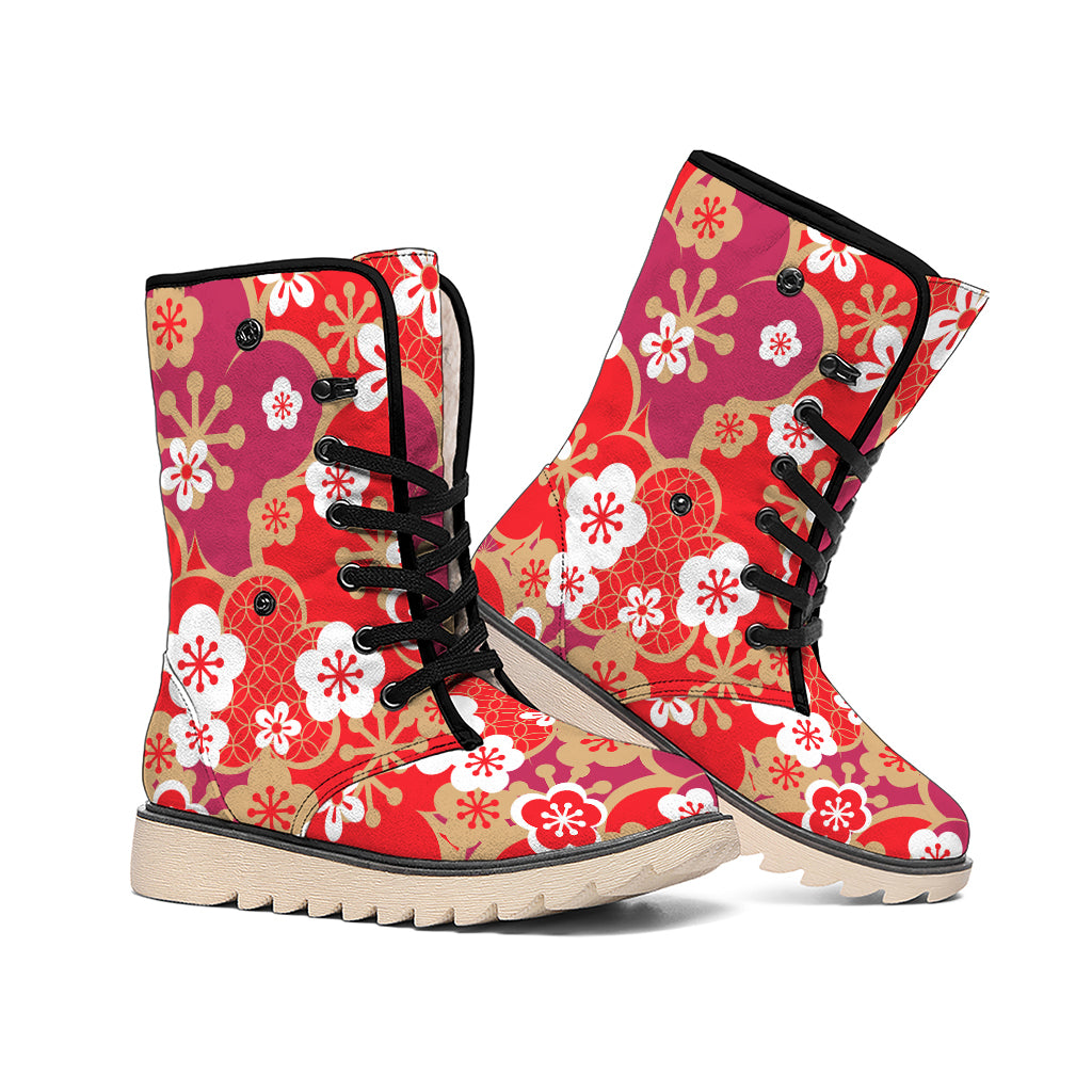 Flower Kimono Pattern Print Winter Boots